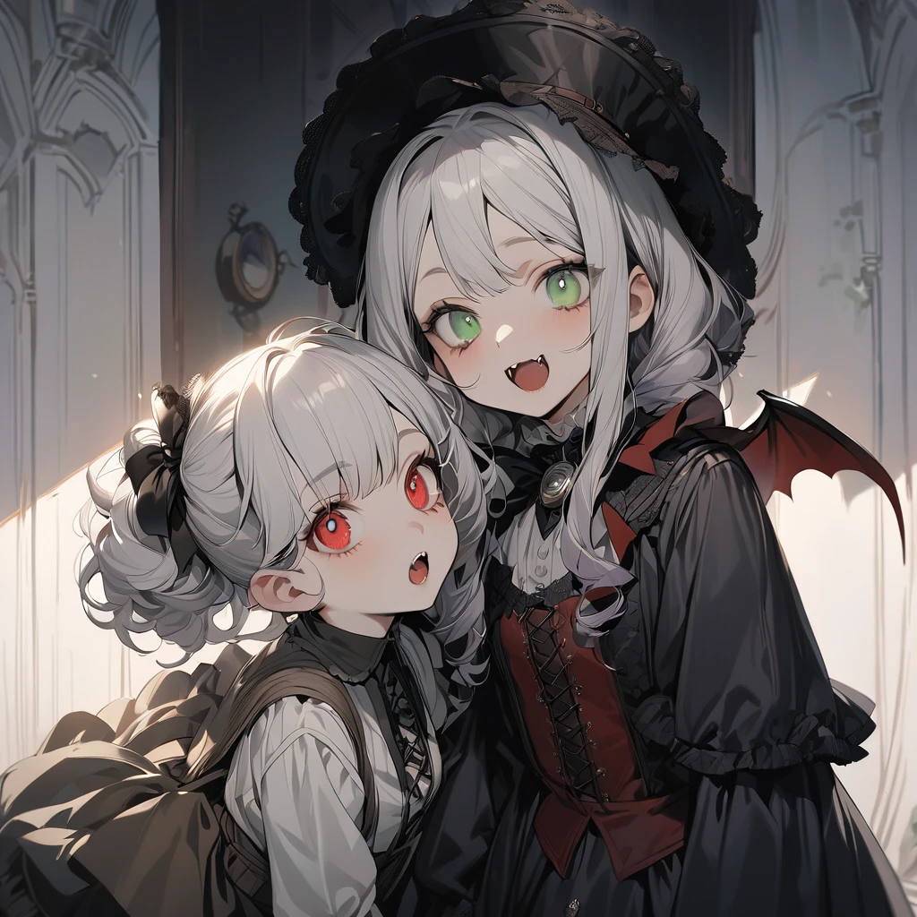 (Cute two girls:1.5),
(masterpiece:1.3), anime visual, (tilt head:1.3), extremely delicate face, realistic lighting and shading, (an extremely delicate and beautiful art:1.3), (muted colors:1.1), A girl with white hair and red eyes wearing a gothic lolita dress under her vampire cloak,
A girl with green eyes and braided lavender hair wearing a steampunk outfit,
The white-haired girl has her mouth wide open, showing her fangs, and is about to sink her fangs into the lavender-haired girl's neck,
The lavender-haired girl's pupils are dilated and have no highlights,