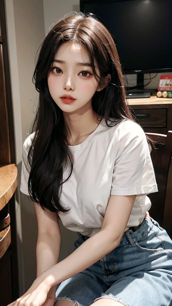
2. **박수진 (Park Soo-jin):**
   - **Hair:** Black, straight, and short.
   - **Eyes:** Almond-shaped, dark brown.
   - **Visual Style:** Charismatic, with an intense expression suitable for rap.
