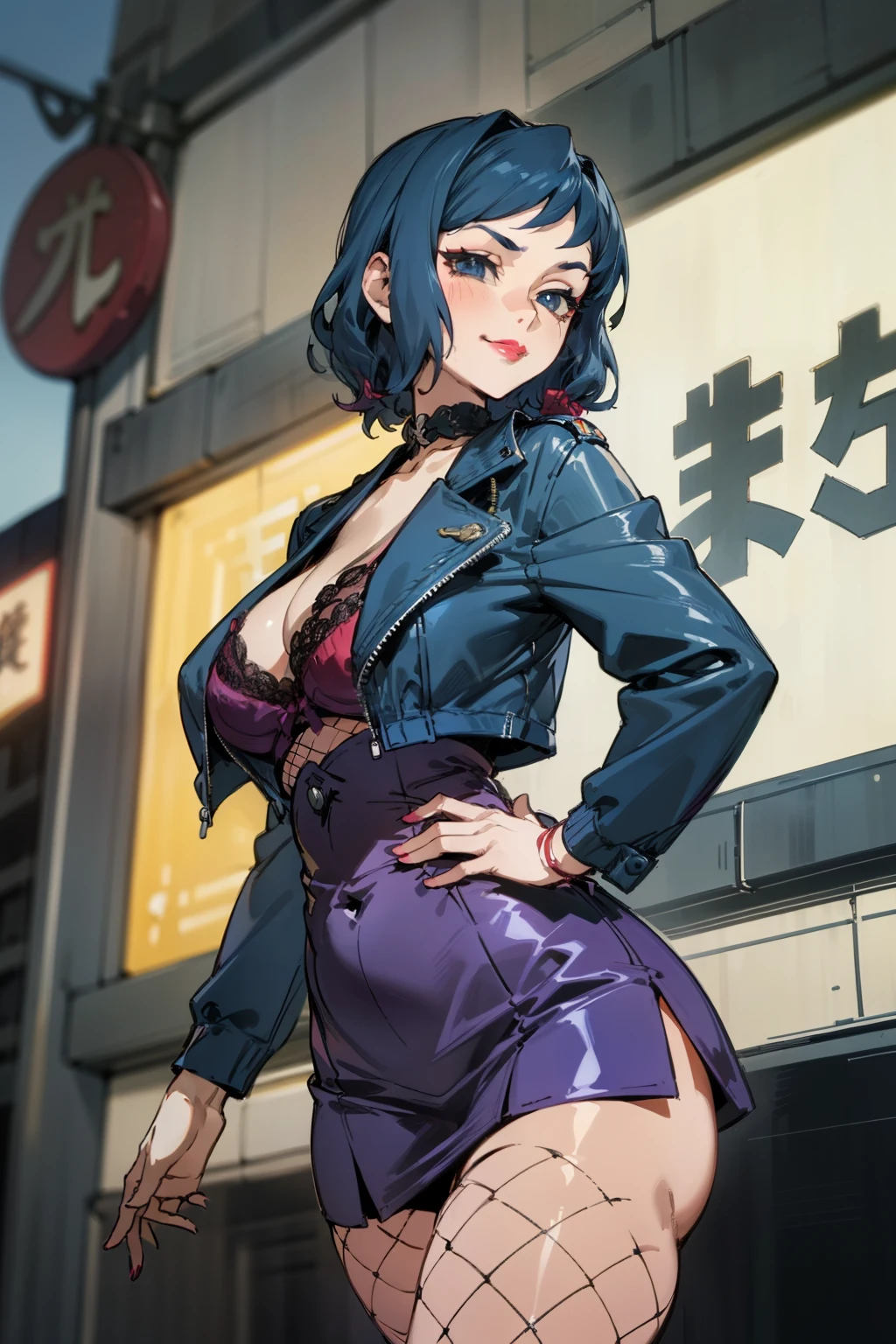 Night time,(Masterpiece), Best Quality, ultra-detailed, 1girl (rinko_iori, Slender and sexy body, huge  breasts, wide hips, dark blue hair, long wave hair, blue eyes,  half-closed eyes), evil face,  smirk ,parted lips, mascara, full makeup, red lipstick, hookerchic, facing viewer, looking at viewer, solo, purple latex jacket,  short jacket, red lace bra,  bows,  purple skirt, tight skirt,  ultra mini skirt, red lace panties, fishnets, outdoor,  street,  neon sign, standing, sexy waist teasing, from_below , 