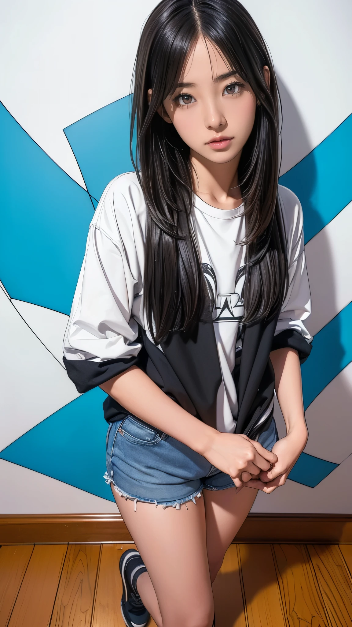 (((Highly detailed CG unit 8K wallpaper:1.2, masterpiece, High resolution:1.2, Highest quality:1.2, Tabletop))), ((A very beautiful 13 year old girl, (Very good:1.5), Put your hands in your pockets:1.8, Grunge Fashion:1.2, wear a blouson:1.2, Wearing shorts, Thin thighs, Putting on your shoes)), ((Highly detailed face, Highly detailed black eyes, Highly detailed body, Highest qualityのリアルテクスチャスキン)), (Black-haired, Hair length:1.2, White skin, small:1.2), ((Colorful geometric patterns are painted all over the wall...., Colorful wall)), (High Angle:1.2, Fisheye Lens:1.3), Surreal, Digital Painting,