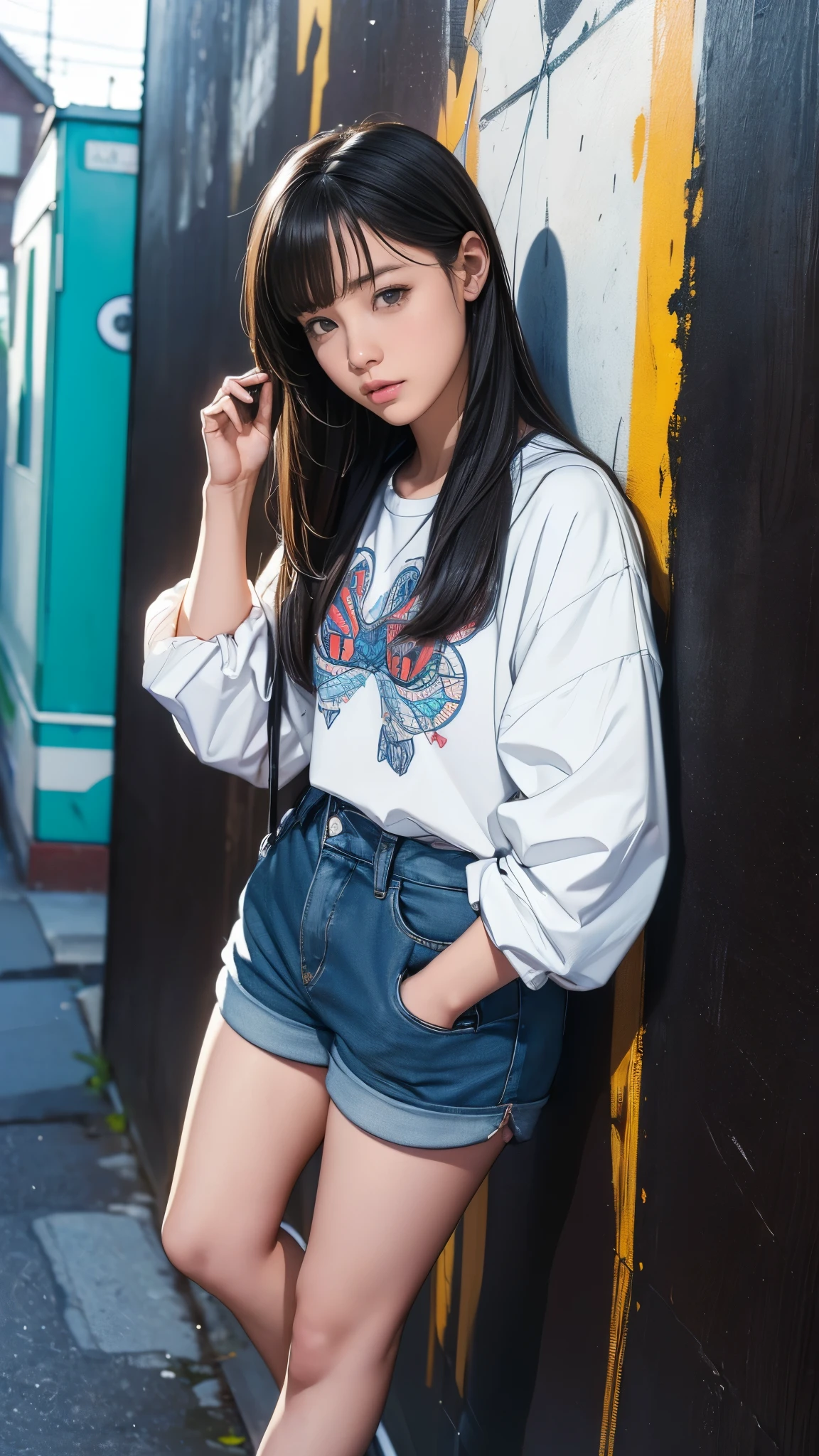 (((Highly detailed CG unit 8K wallpaper:1.2, masterpiece, High resolution:1.2, Highest quality:1.2, Tabletop))), ((A very beautiful 13 year old girl, (Very good:1.5), Put your hands in your pockets:1.8, Grunge Fashion:1.2, wear a blouson:1.2, Wearing shorts, Thin thighs, Putting on your shoes)), ((Highly detailed face, Highly detailed black eyes, Highly detailed body, Highest qualityのリアルテクスチャスキン)), (Black-haired, Hair length:1.2, White skin, small:1.2), ((Colorful geometric patterns are painted all over the wall...., Colorful wall)), (High Angle:1.2, Fisheye Lens:1.3), Surreal, Digital Painting,