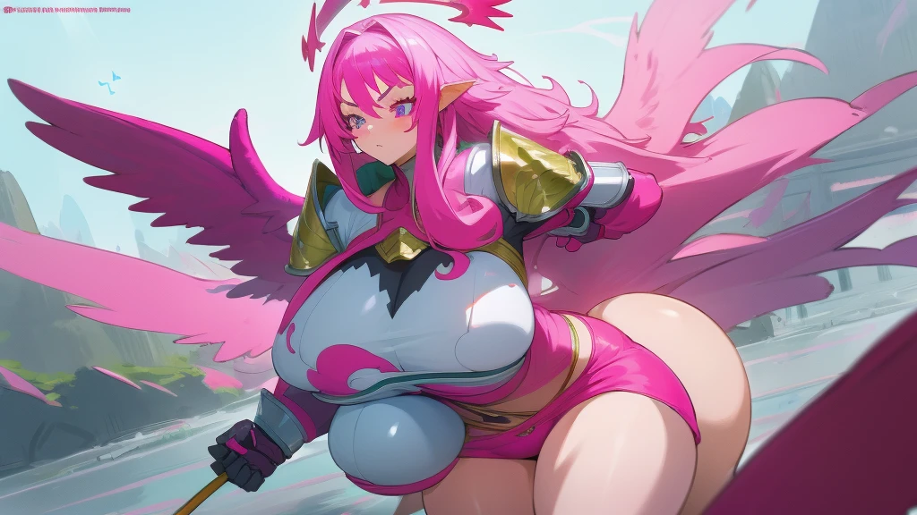 Anime, 1 woman, ethereal aura, extremely Long hairstyle, Raspberry-glace colored hair, neon pink colored eyes, busty, gorgeous plump body, silver heavy armor, detailed heavy armor, extremely large half-skirt, Green underwear, serious face, 6 draconic wings, large Cape, 6 Large draconic wings