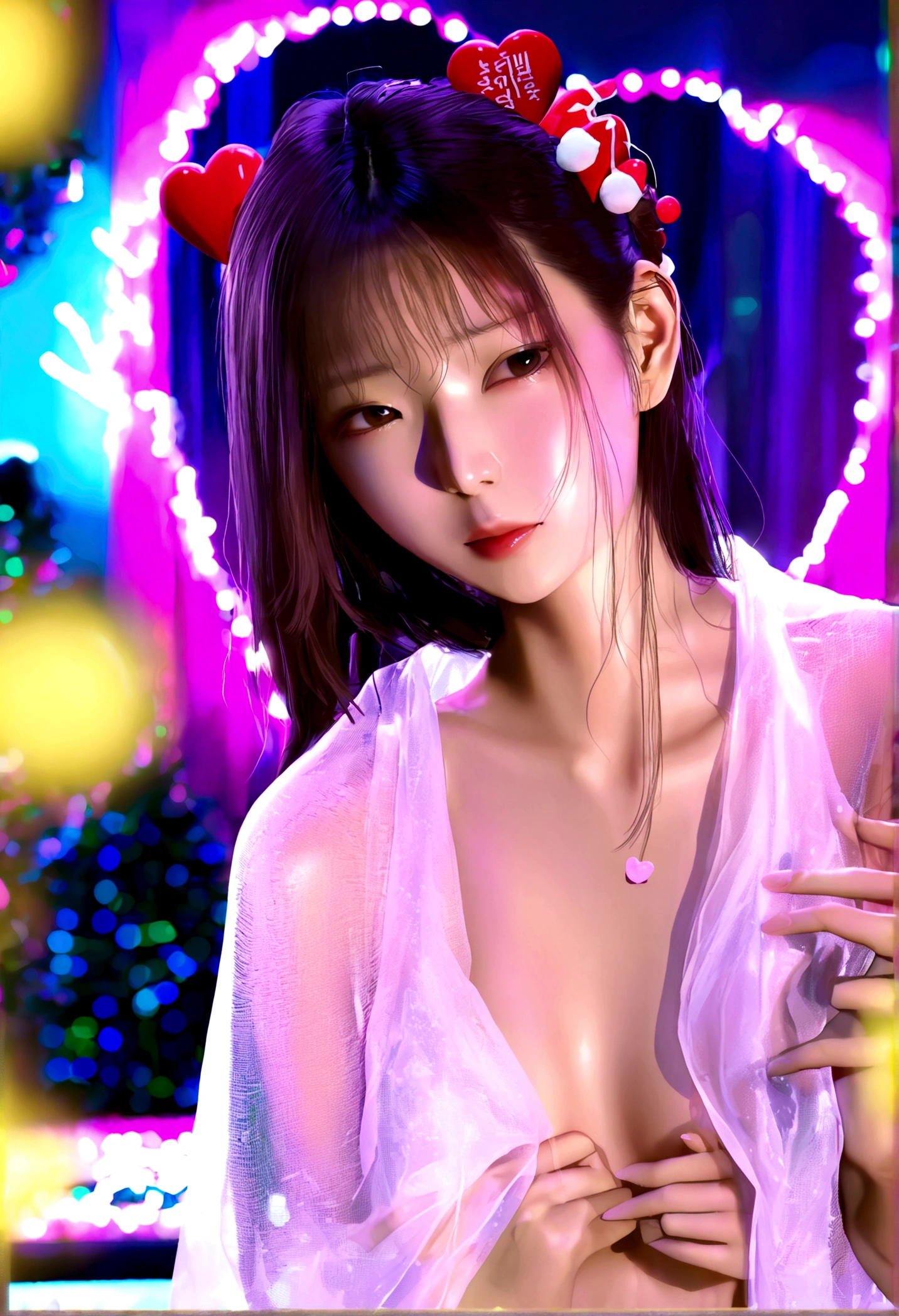 a beautiful young woman ((K-Pop singer Kim Gyu-mi (Sena), age 25), wearing an airy sheer Christmas night gown (shoulders exposed, open and untied down the middle, pubic hair shaved like a little heart) , nude except for night gown, her intimate areas partially exposed and very detailed), she is lying on her back on a bed decorated with Christmas silk sheets and is playing with a fluffy kitten while flirting with the viewer, Christmas lights have been hung along the edges of the ceiling , Christmas scene (best quality, 4k, 8k, highres, masterpiece:1.2), ultra-detailed, (realistic, photorealistic, photo-realistic:1.37), HDR, UHD, studio lighting, ultra-fine painting, sharp focus, physically-based rendering, extreme detail description, professional, vivid colors, bokeh, portrait, figurative, intimate, sensual, cozy, Christmas, warm lighting, chiaroscuro ( Along the top edge of the picture 'DO YOU TRUST ME' has been printed in Korean, and 'Girl Crush' is written over it in italics with neon pink ink. (show her entire body, show all of her)