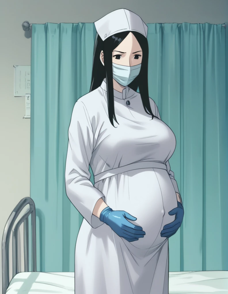 score_9, score_8_up, score_7_up, source_anime, kasuganoray, pale skin, shy eyes, long hair, scrubs, surgical mask, surgical cap, Long sleeve maternity gown, seamless, no seams,
1girl, pregnant, big breasts, solo, rubber gloves, looking down, furrowed brow, hospital bed, standing