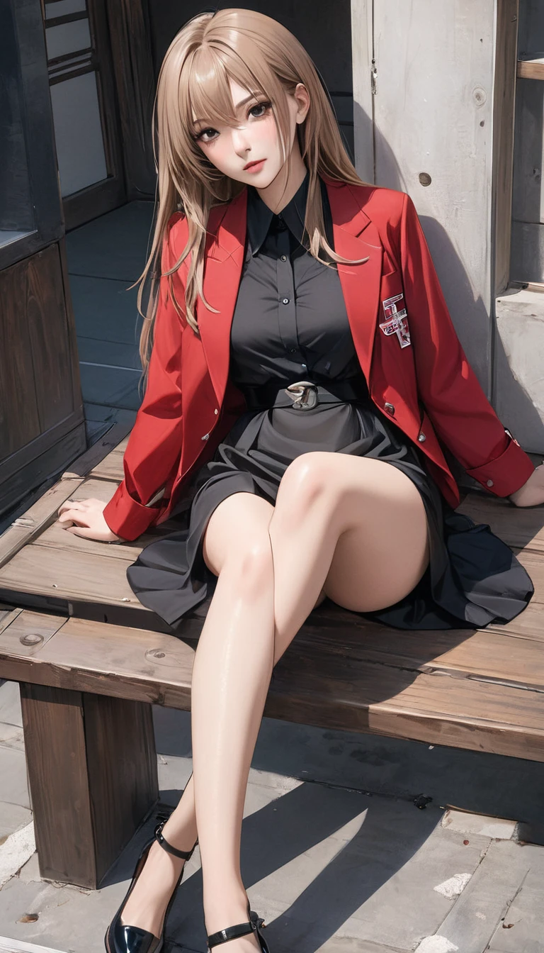 (best quality), (very aesthetic), (ultra-detailed), (best illustration), 1 girl, Solo, GAL, Japanese, long straight hair, light brown hair, black dress shirt, red jacket, cross one's legs and sit on them