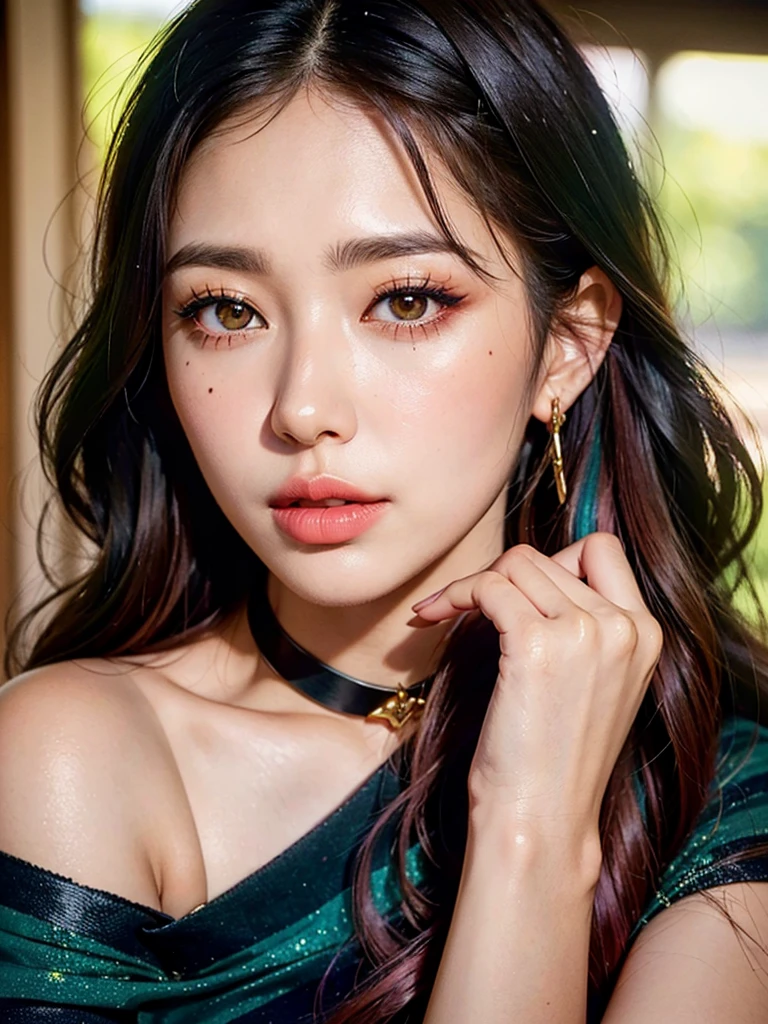  1girl, alone, solitary, high quality, (best quality,4k,8k,highres,masterpiece:1.2),ultra-detailed,(realistic,photorealistic,photo-realistic:1.37),gorgeous hair,black hair,long hair with curls and bangs,sharp eyes,mole under the eye,plump lips,jewelry,(high detailed skin:1.4),(rim lighting:1.3),(lit:1.3),(sunny day:1.3),portrait,beautiful lips,waist-length hair,seductive gaze,moles,casual clothes,colorful clothing,close up,super long hair,choker necklace,light eyes,bangs,fringe,dimples on the cheeks,dimples,jet black hair,darkhair,dark black hair,black,red lips,red lipstick,round lips,round pouty lips,pouty lips,douyin makeup,sparkly makeup,glitter,contact lenses,blue,green,pink,purple,wine red,highlights,colored highlights,piercings,gems,glitter,lipstick,lip gloss