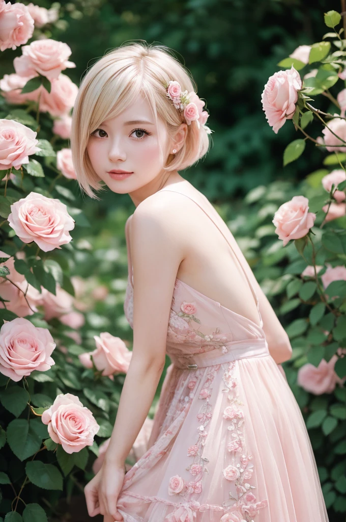 8K, RAW Photos, Fujifilm, Avril-like style photo of a beautiful young woman in a garden of pale pink roses (Highly detailed skin: 1.2) Style Petal Break Short Hair, Blonde and colored hair, Wearing a dress, Film Granulation, 35mm, Cute Style