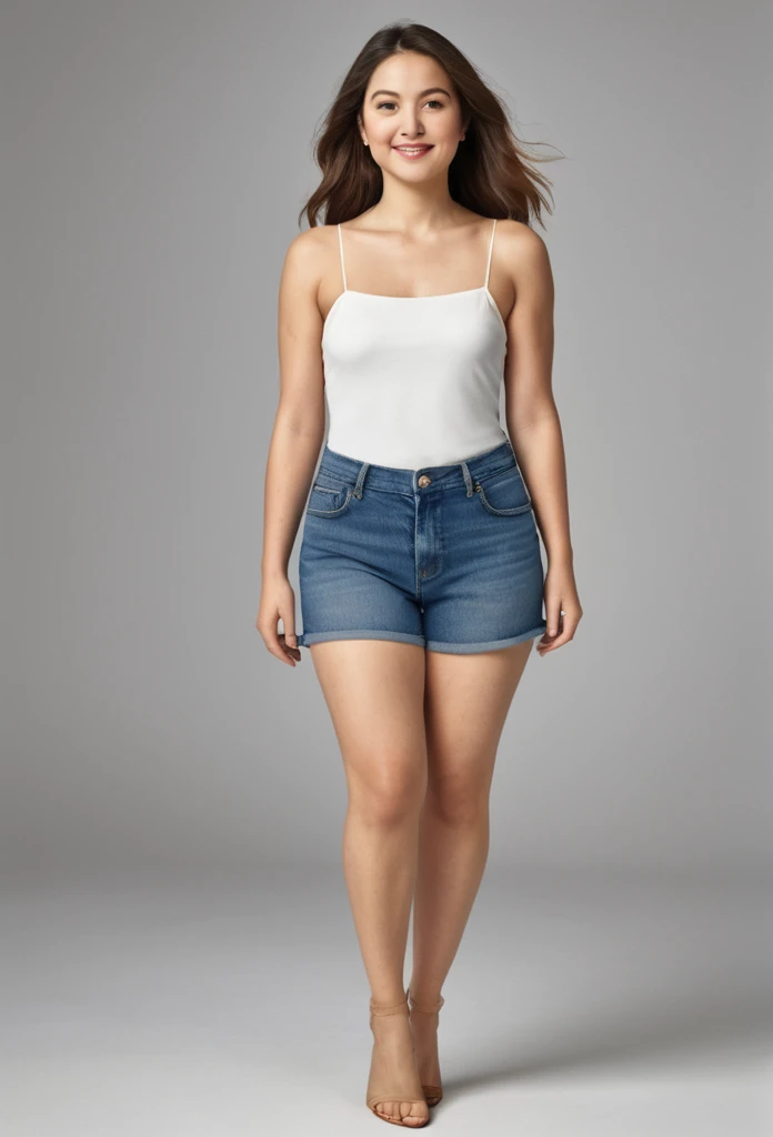 ((pear-shaped body)), (wide hips and thighs), (narrow waist), and (small breasts), (small bust), (Thighs are curv, full, and thick), showcasing the (characteristic pear shape), (gentle curve from the hip to the knee)