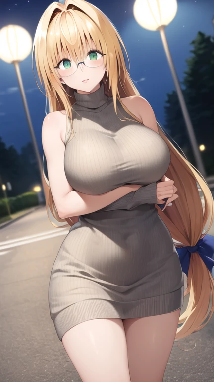 masterpiece, best quality, highres, aatearju, very long hair, low-tied long hair, hair ribbon, green eyes, glasses, large breasts,  sweater dress, turtleneck, sleeveless, night, street,