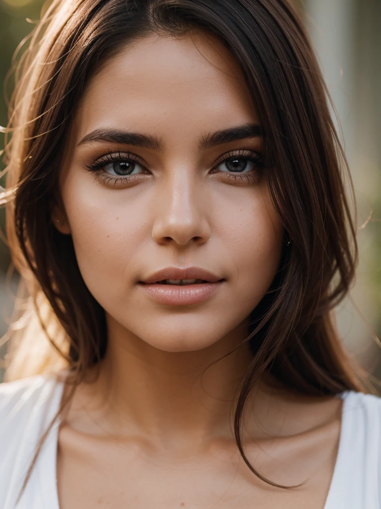 A closeup of a beautiful woman's face, focus on his little mole, imperfect skin, pretty eyes, smooth lips, hair in a bun, shallow depth of field, Macro lens, hyper realistic, crystal clear image, sharp, imperfect hair, pink hair, volume lips