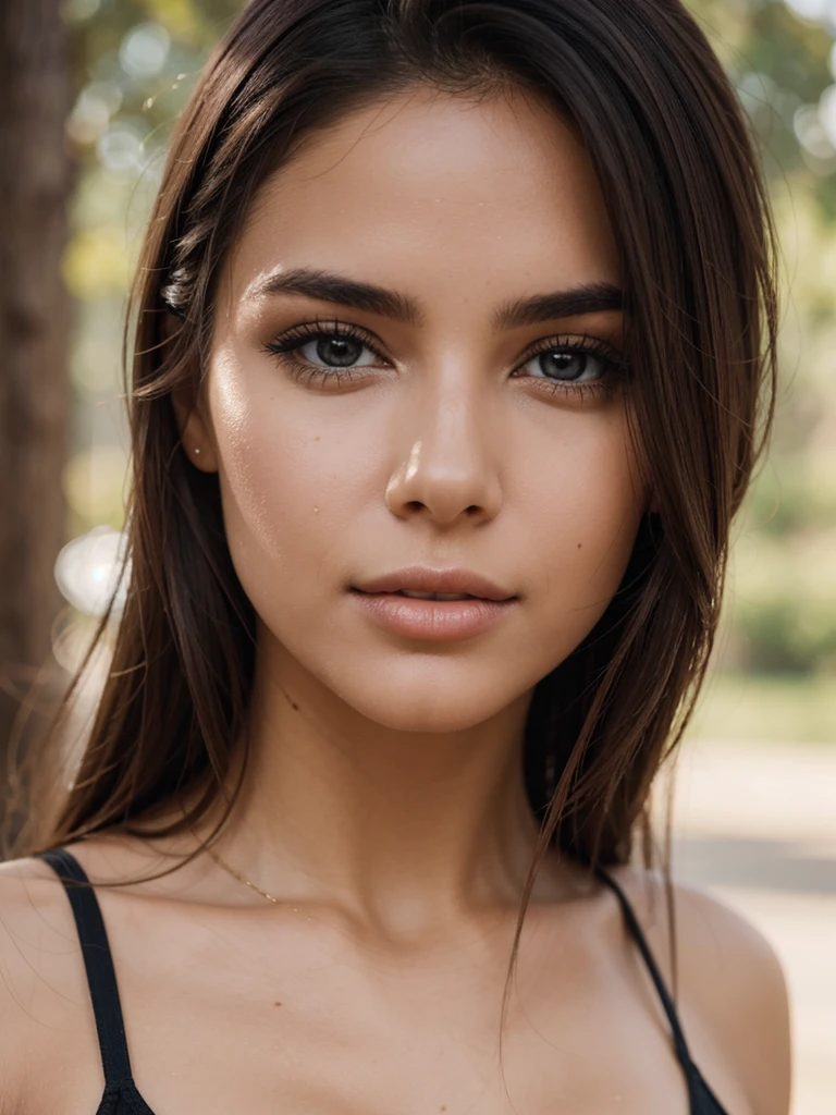 A closeup of a beautiful woman's face, focus on his little mole, imperfect skin, pretty eyes, smooth lips, hair in a bun, shallow depth of field, Macro lens, hyper realistic, crystal clear image, sharp, imperfect hair, pink hair, volume lips