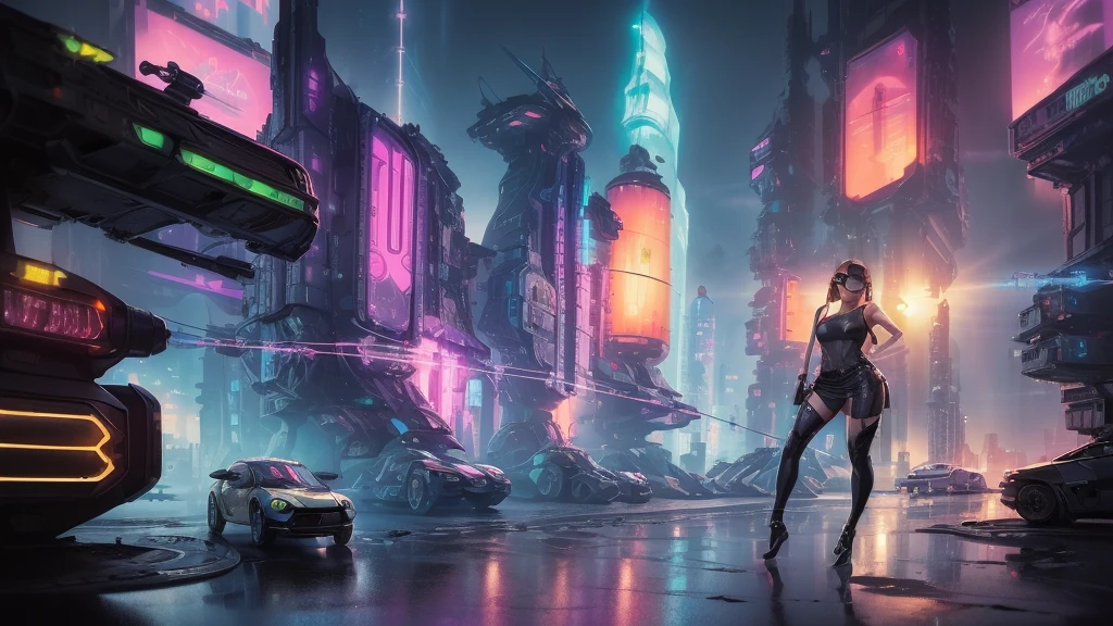 (((aerial view))) of futuristic city, hologram neon buildings, (((futuristic flying cars))) and futuristic cars, Surreal cyberpunk city, in a Future cyberpunk city, 3d rendering Beeple, at night. large-breast photorealistic sexy woman, tank top, miniskirt, (((((black sunglasses, pistol shooting pose))))), standing, leaning forward, (((((half-body thigh level medium shot))))).