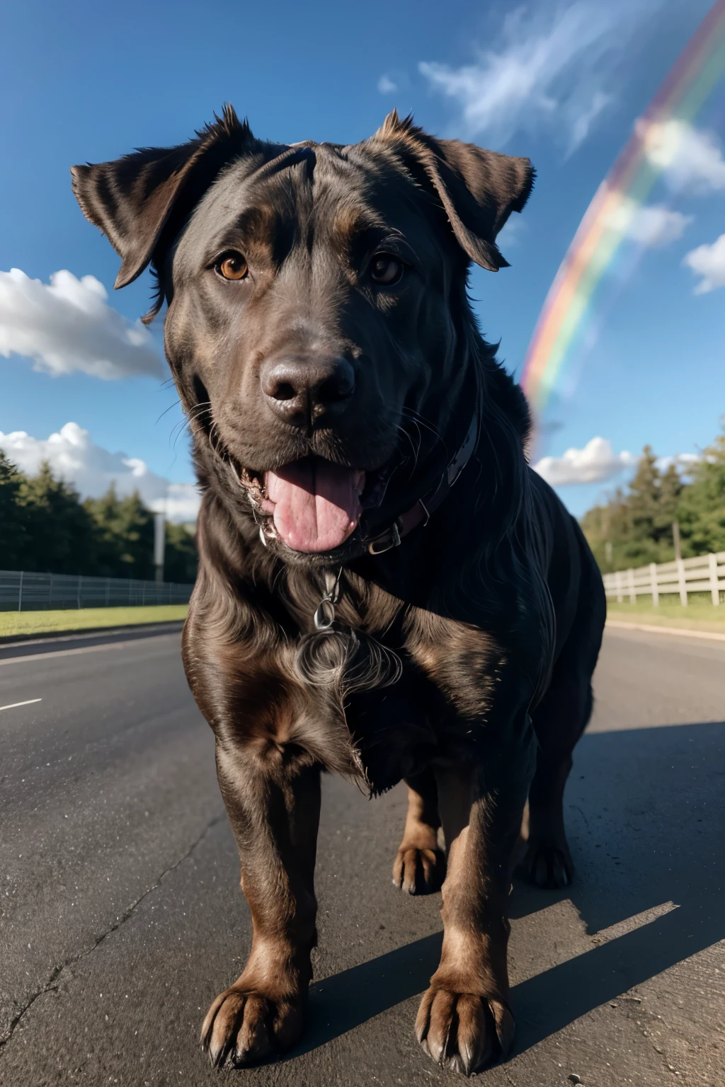 Big black brindle brown dog crossing the rainbow 