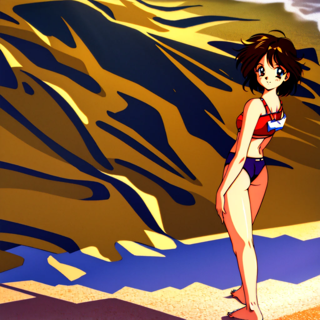 One girl, 1990s style, beach background, looking at viewer