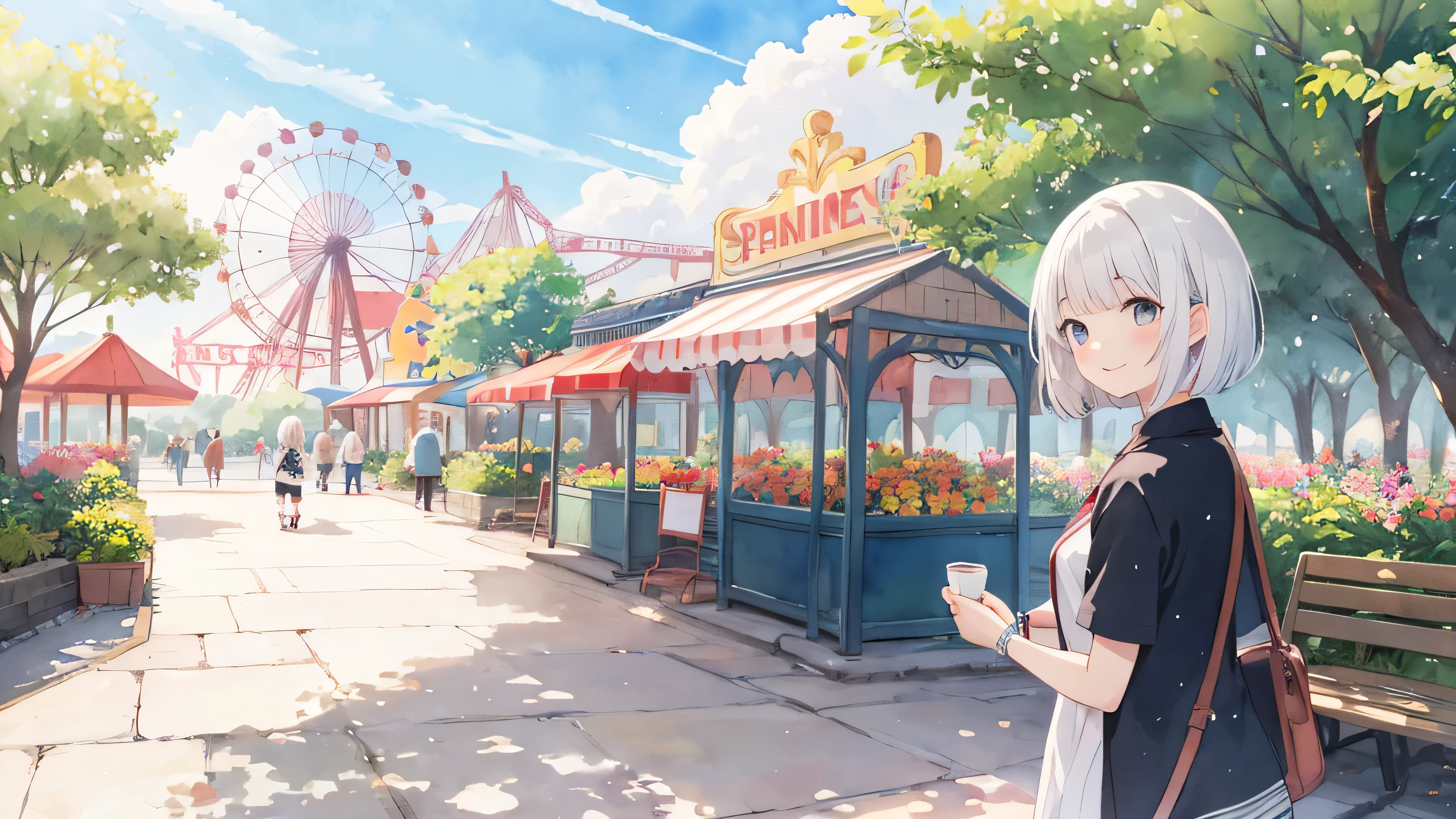 best quality,light smile,bob cut,medium hair,white hair,amusement park,in the noon,sunny,springbackground,anime,watercolor,1girl