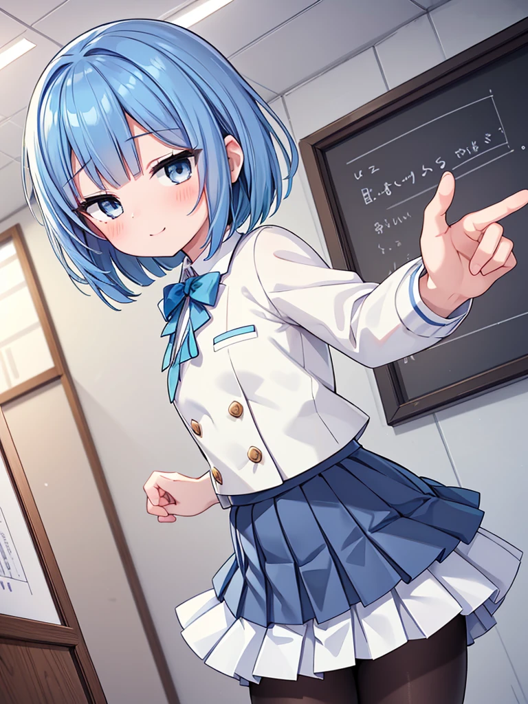 NSFW、High school girl standing in school classroom、masutepiece、Highest quality、High resolution、masterpiece、break ((From below:1.6))、((Low - Angle:1.5))、((Skirt flip、Skirt rip))、(Black Pantyhose:1.5)、White panties under pantyhose、break(Has 1 girl)、(Beautiful eyes are detailed、Every detail of the face、masterpieceサイドライト、masterpiece、Highest quality、Detailed、High resolutionのイラスト)、Delicate makeup、(Cowboy Shot:1.2)、ass pov、Soft focus ground bokeh、smile、break(Highest qualityのイラスト:1.2)、(pretty girl:1.1)、(Highest qualityのイラスト:1.2)、(pretty girl:1.1)、(Has 1 girl:1.5、solo:1.5)、 (Has 1 girl、18-year-old、One Pose、cute small、Medium chest:1.5、目の描写が超Detailed:1.2)、(Beautiful breasts)、((Blue Hair:1.5))、(Short Hair)、(((Short Bob)))、Small waist、Small Ass、、超High resolution、腕の描写がDetailed:1.2)、BREAK High School、(Navy Blue Blazer)、(White shirt)、(Blue ribbon)、((White pleated skirt:1.5))、非常にDetailed、Complex、masturbation behavior、Absurd、 ((Smooth texture:0.75、Realistic texture:0.5、Anime CG style)