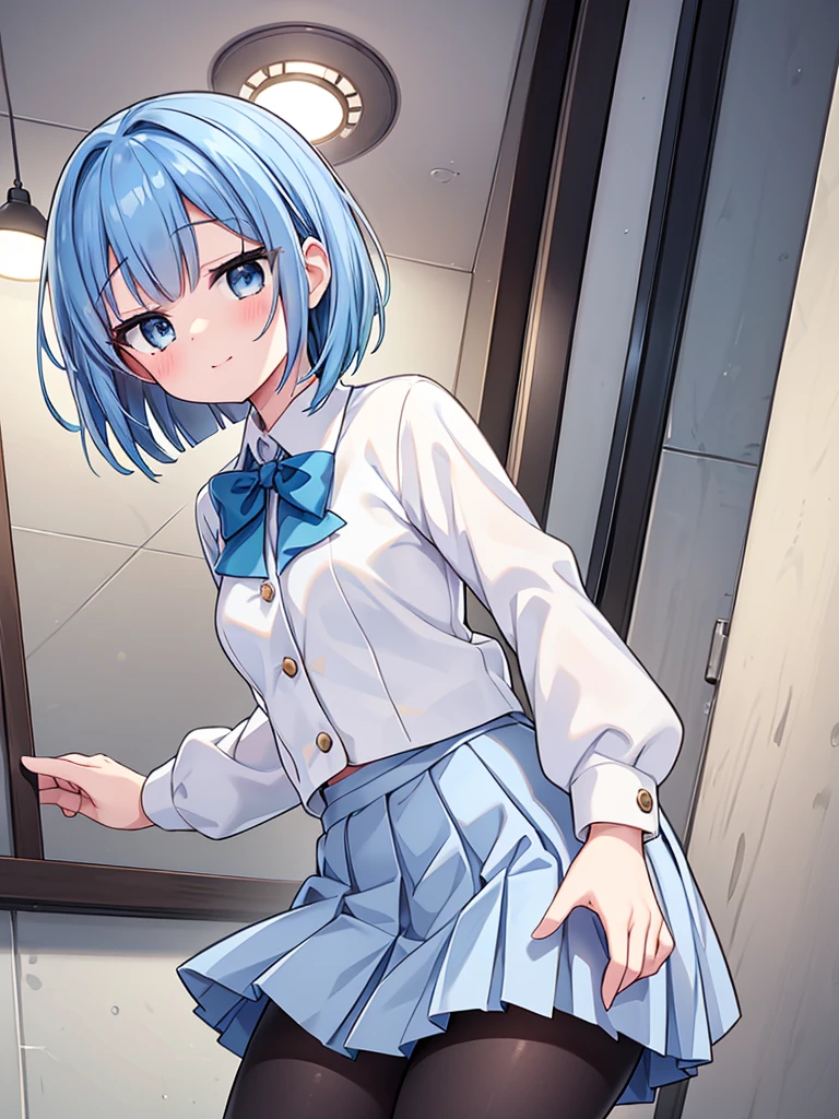 NSFW、High school girl standing in school classroom、masutepiece、Highest quality、High resolution、masterpiece、break ((From below:1.6))、((Low - Angle:1.5))、((Skirt flip、Skirt rip))、(Black Pantyhose:1.5)、White panties under pantyhose、break(Has 1 girl)、(Beautiful eyes are detailed、Every detail of the face、masterpieceサイドライト、masterpiece、Highest quality、Detailed、High resolutionのイラスト)、Delicate makeup、(Cowboy Shot:1.2)、ass pov、Soft focus ground bokeh、smile、break(Highest qualityのイラスト:1.2)、(pretty girl:1.1)、(Highest qualityのイラスト:1.2)、(pretty girl:1.1)、(Has 1 girl:1.5、solo:1.5)、 (Has 1 girl、18-year-old、One Pose、cute small、Medium chest:1.5、目の描写が超Detailed:1.2)、(Beautiful breasts)、((Blue Hair:1.5))、(Short Hair)、(((Short Bob)))、Small waist、Small Ass、、超High resolution、腕の描写がDetailed:1.2)、BREAK High School、(Navy Blue Blazer)、(White shirt)、(Blue ribbon)、((White pleated skirt:1.5))、非常にDetailed、Complex、masturbation behavior、Absurd、 ((Smooth texture:0.75、Realistic texture:0.5、Anime CG style)