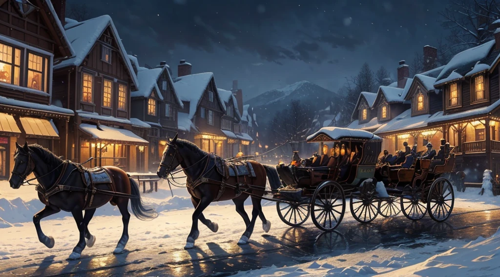 a close up of a horse drawn carriage on a snowy street, 🕹️ 😎 🔫 🤖 🚬, foreground background, wide screenshot, and, full details, youtube thumbnail, by Rhea Carmi, vivid and detailed, ( ( thomas kinkade ) ), wonderful, detailed scene, goodnight, edited, by Thomas Kinkade, by thomas kinkade