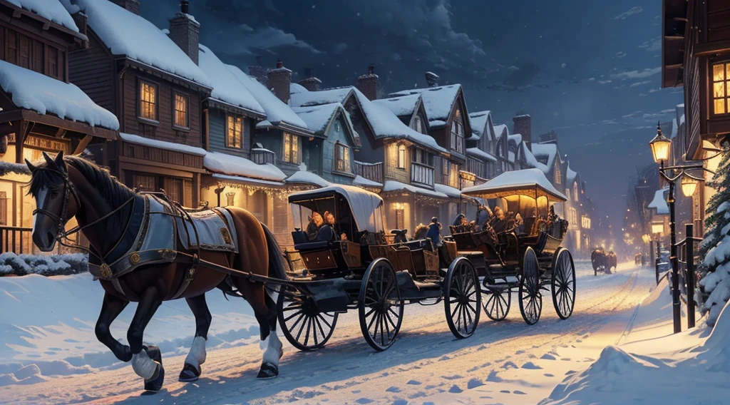 a close up of a horse drawn carriage on a snowy street, 🕹️ 😎 🔫 🤖 🚬, foreground background, wide screenshot, and, full details, youtube thumbnail, by Rhea Carmi, vivid and detailed, ( ( thomas kinkade ) ), wonderful, detailed scene, goodnight, edited, by Thomas Kinkade, by thomas kinkade