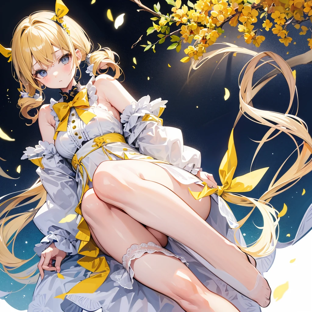 blond、young and beautiful woman、twin tails、Yellow ribbon hair accessory、clothing transparent、Skin Exposed、transparent panties、Correia、in this、へそ、boku