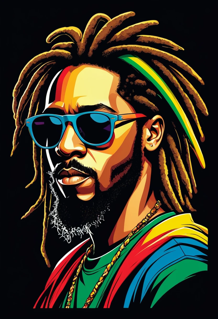 rasta man, headshot, side profile , black sunglasses, hip-hop style, t-shirt design, flat colors, vector art, ((black background)) . Satirical, exaggerated, pop art style, vibrant colors, iconic characters, action-packed