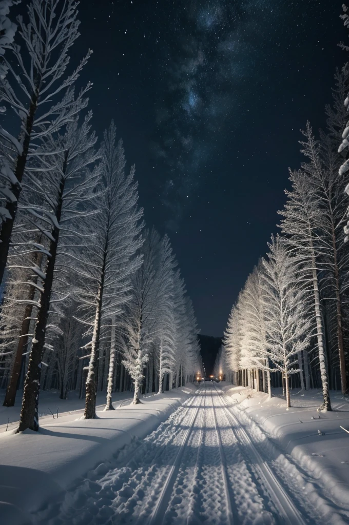 Absurd, high-resolution, ultra-detailed TO BREAK, capturing a wide field of view with a distinct, curved perspective. TO BREAK UP, Capture a city path, with snow, dappled night light, and a sense of tranquility and beauty. TO BREAK depth, emotion and stunning visual impact.