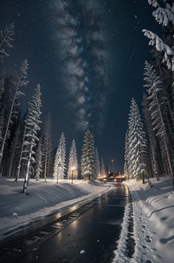Absurd, high-resolution, ultra-detailed TO BREAK, capturing a wide field of view with a distinct, curved perspective. TO BREAK UP, Capture a city path, with snow, dappled night light, and a sense of tranquility and beauty. TO BREAK depth, emotion and stunning visual impact.