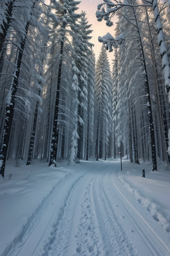 Absurd, high-resolution, ultra-detailed TO BREAK, capturing a wide field of view with a distinct, curved perspective. TO BREAK UP, Capture a city path, with snow, dappled night light, and a sense of tranquility and beauty. TO BREAK depth, emotion and stunning visual impact.