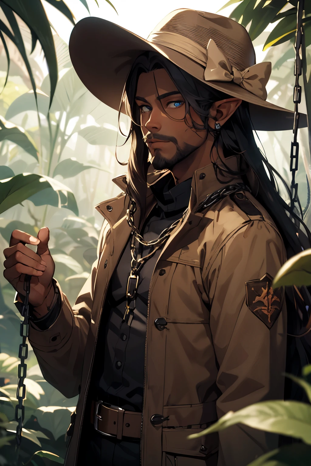 ((best quality)), ((masterpiece)), (detailed), elf, dark skin, mascular male, hunter, bow, blue eyes, long black hair, brown coat, brown hat, jungle, chains, long beard,