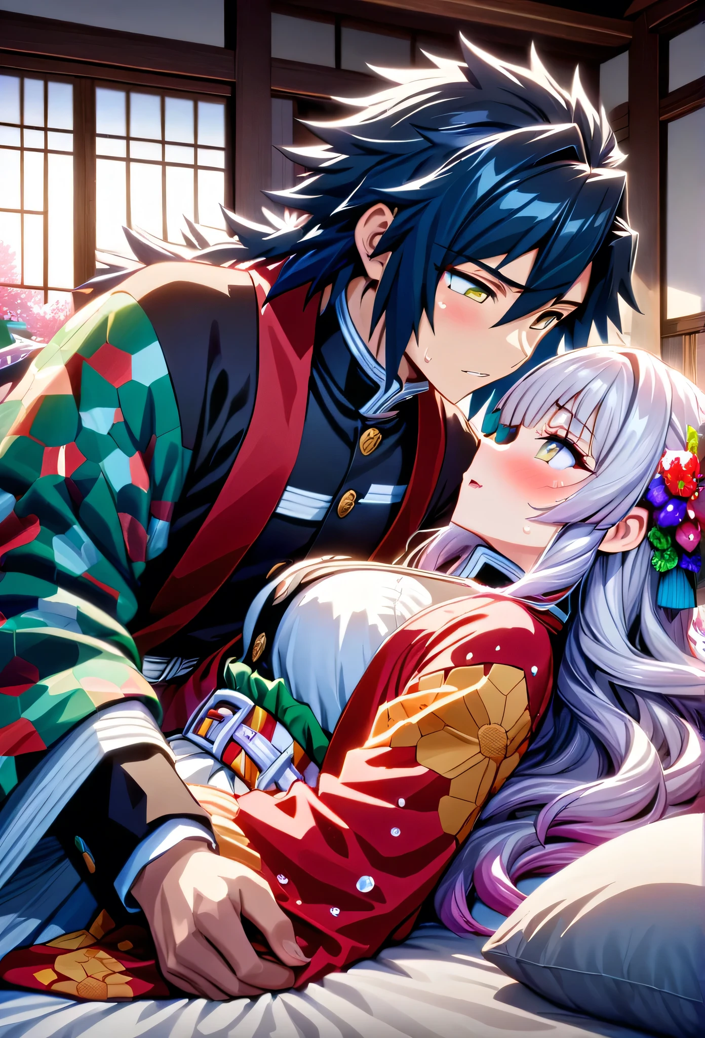 Ultra detailed, highres, absurdres, HDR, master piece, anime girl and boy, pretty woman with white long hair with deep red streaks, girl with yellow eyes, the girl is using a red haori, black demon slayer uniform, Kimetsu No Yaiba, fantasy, the pretty girl head is hurt, the girl is lying in bed, Tomioka Giyu is woried, Water Hashira, romance, inside a japonese house, best quality, extremely detailed face, love, passion, romance, anime