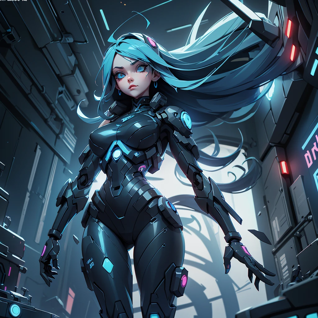 View from below from below Girl Android mechanical prosthetics demonic gloomy with long blue hair woman with sexy hips cybernetic modifications Beautiful sad girl blue eyes stands in full growth Anime Style black background Cyberpunk style, black background image of night black city and blue neon lights fluorescent lamps