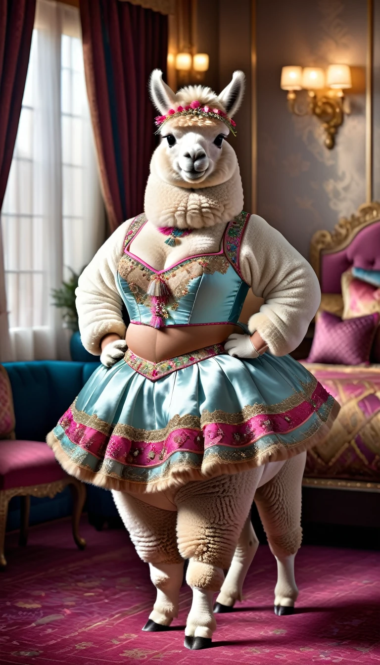 photorealistic portrait of Dressed animals-a (fat) ((alpaca)) dancer,(furry), (elegant pose:1.5), (hands on hips:1.5),(smile:1.5),high quality,(happy),(lovely) ,intricate details, Wearing bustier, (), highly detailed ((bustier)) ,highly detailed decorations of clothes, Fishnet panty horse , (happy), soft lighting,(full body image:2.0),luxury hotel room background,(high heels),