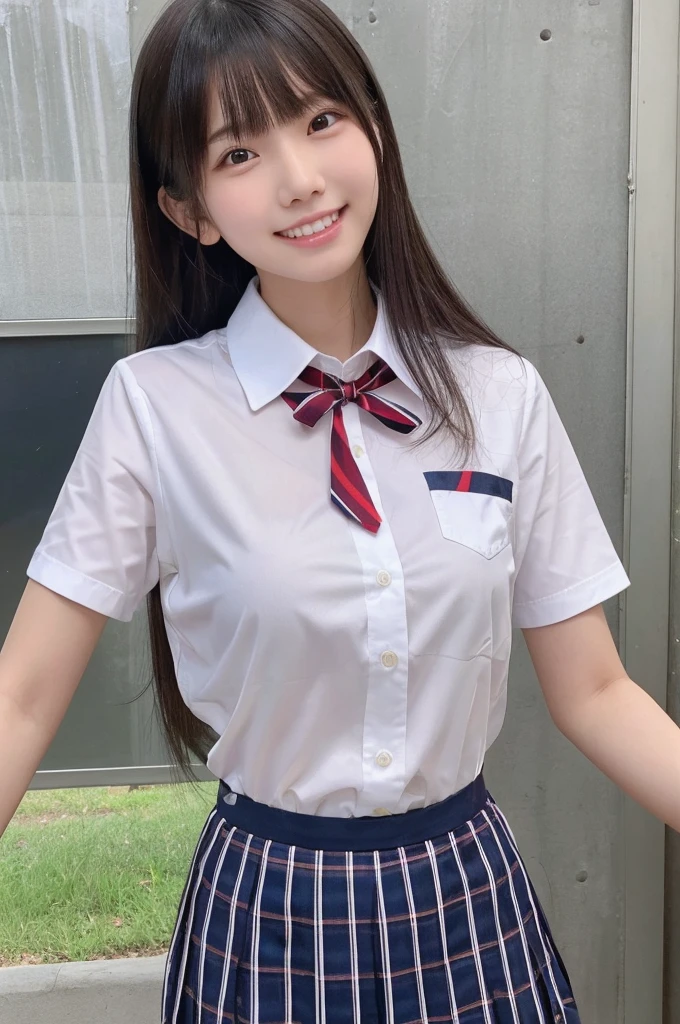 1 Girl, alone, Japanese girl, 14 years old,Junior high school classroom、(Highest quality, Realistic, High resolution, 8K, Very detailed, Detailed face, Shiny skin), Japanese , Collared shirt, White shirt, Red ribbon, Black Hair, ragged bangs, ponytail,Gazing into the distance,Young face、Are thin、Slim figure、slender、Short、 System、((Lots of sweat))、Navy blue checked skirt、Nice thighs、Are standing,Photographed from the front、The best smile、Showing teeth、Uplifting、