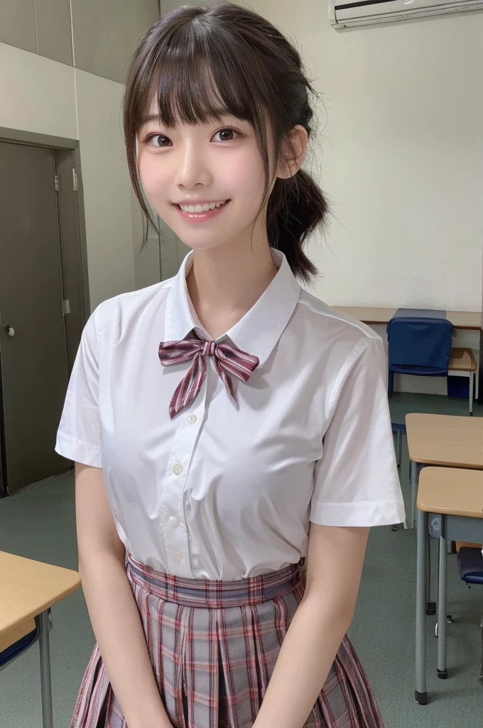 1 Girl, alone, Japanese girl, ,Junior high school classroom、(Highest quality, Realistic, High resolution, 8K, Very detailed, Detailed face, Shiny skin), Japanese , Collared shirt, White shirt, Red ribbon, Black Hair, ragged bangs, ponytail,Gazing into the distance,Young face、Are thin、Slim figure、slender、Short、 System、((Lots of sweat))、Navy blue checked skirt、Nice thighs、Are standing,Photographed from the front、The best smile、Showing teeth、Uplifting、