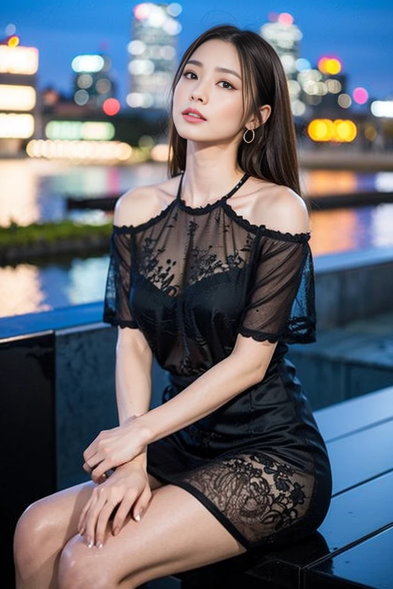 Dark brown hair、Light brown eyes、Japanese actress、 Lady、I am about 40 years old...、(Intricate details:1.2)、(Which is the top???:1.4)、 (Ultra-high resolution:1.2)、Ultra-high resolution、(Finely tuned)、(Detailed facial features)、Hmph、8K resolution、D cup size breasts、Long Hair、Rooftop Bar、Night view、Extravagant space、relax、、,Full body photo、Head to toe shot、Beautiful feet、Camisole dress、Beautiful feet、she, Fashion Hub, Attention to detail, Very detailed, Realistic, Hourglass Shaped Body, Obscene pose,、、私 cry a lot、tears、diagonally from below、please lift your chin、Put your butt against the wall、relaxした表情、Pose of Weakness、(auraroid photo:1.2)、From outside the window、A masterpiece of transparent painting、8K、32k、Highest quality、(Details of both eyes)、1 Girl、elegant、(loose black dress :1.4)、Night view。(Low - Angle、Look up and look at me:1.2)、Hilarious、Looking into the camera、