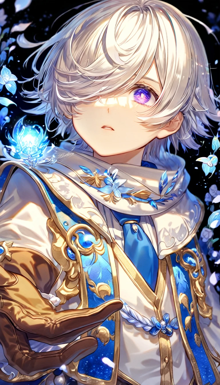 Ultra detailed, highres, absurdres, HDR, master piece, lag Seeing, messy white hair, short hair, expressive purple eye, hair falls over his right eye, Tegami Bachi, blue petals, white scarf, boy, solo, best quality, blue flowers, blue shining fireflies, fantasy, magical, brown gloves, blue moon, blue cropped jacket with white patters, blue necktie, white shirt