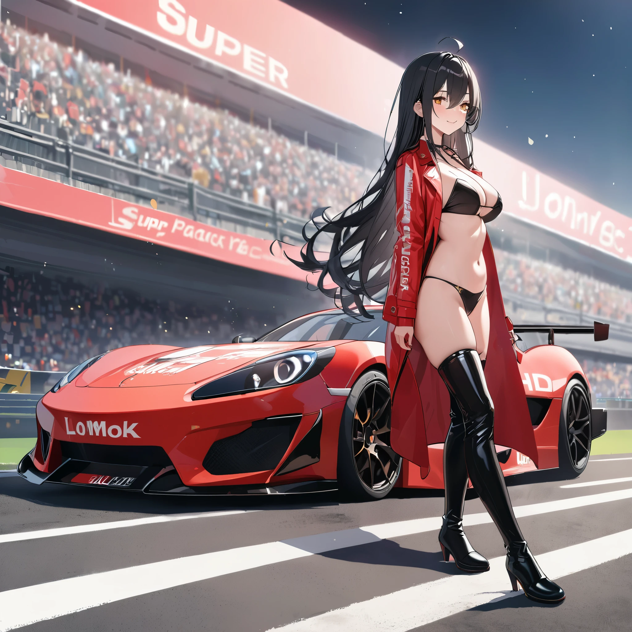 A woman wearing a long red leather coat, open coat, wearing a black bikini, black leather boots, race queen, sunglasses, black hair, long hair, ahoge, smiling, big breasts, standing on a running track, wide view of a lawn, concrete track, a black racing car in the background, red car, perfectly, smiling car, night place with lighting, UHD , prime work , accurate , anatomically correct , textured skin , super details , high quality , best quality, 8k, high resolution, bokeh effect. (woman alone), close view
