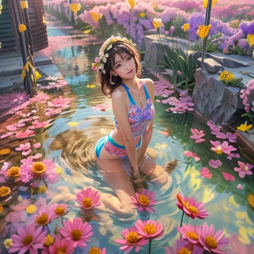 Vivid Red Color Variations,ExtremelyDetailed(ProfessionalPhoto of Girl Floating in the Sky:1.37), 280th floor infinity pool,The tallest building in the urban forest, {Around bonsai|Luo Han Song|coconut palms|tulips|Rose flower}, (Masterpiece 8K TopQuality:1.2), (ExtremelyDetailed NOGIZAKA face and Eyes:1.37)ElaboratePupils with (SparklingHighlights:1.28) DoubleEyelids with Voluminous LongEyelashes RosyCheeks (Joyful Expressions LifeLike Rendering) BREAK Detailed impeccable Radiant PearlSkin with Transparency, Skinny(SchoolSwimwear:1.28) beautiful graceful {(HiddenHand)|((Corrected BabyLikeHand))} (Whole Body Proportions and all limbs are Anatomically Accurate), (FlowerWreath WrappedBody Flowers Covering girl's body Full of Flowers){Dazzling RainbowColorHorizon|ColorfulSky|ColorfulClouds|Starly Stars}(extra limbs:-1.4)