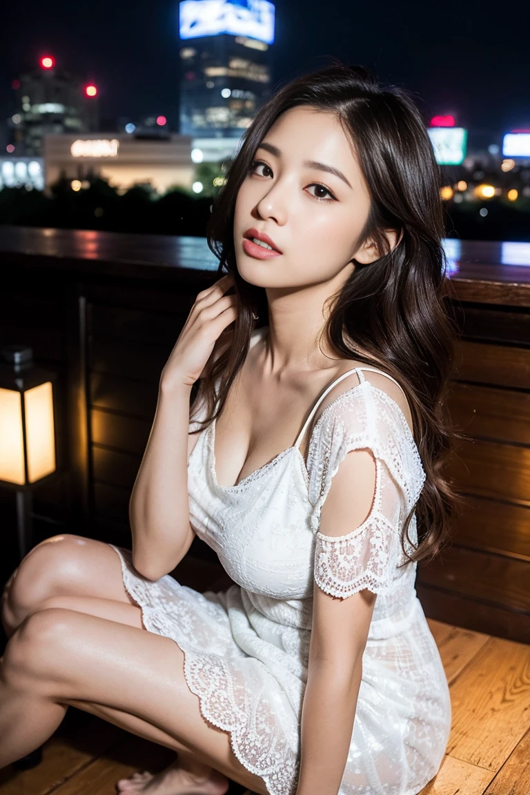 Dark brown hair、Light brown eyes、Japanese actress、 Lady、I am about 40 years old...、(Intricate details:1.2)、(Which is the top???:1.4)、 (Ultra-high resolution:1.2)、Ultra-high resolution、(Finely tuned)、(Detailed facial features)、Hmph、8K resolution、D cup size breasts、Long Hair、Rooftop Bar、Night view、Extravagant space、relax、、,Full body photo、Head to toe shot、Beautiful feet、Camisole dress、Beautiful feet、she, Fashion Hub, Attention to detail, Very detailed, Realistic, Hourglass Shaped Body, Obscene pose,、、私 cry a lot、tears、diagonally from below、please lift your chin、Put your butt against the wall、relaxした表情、Pose of Weakness、(auraroid photo:1.2)、From outside the window、A masterpiece of transparent painting、8K、32k、Highest quality、(Details of both eyes)、1 Girl、elegant、(Loose dress :1.4)、Night view。(Low - Angle、Look up and look at me:1.2)、Hilarious、Looking into the camera、