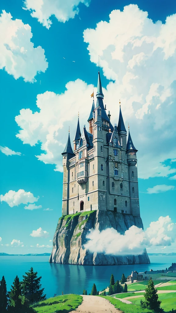 Castle floating in the sky seen from far away, panoramic and deep perspective, colorful and beautiful sky with high contrast, surrealistic painting.