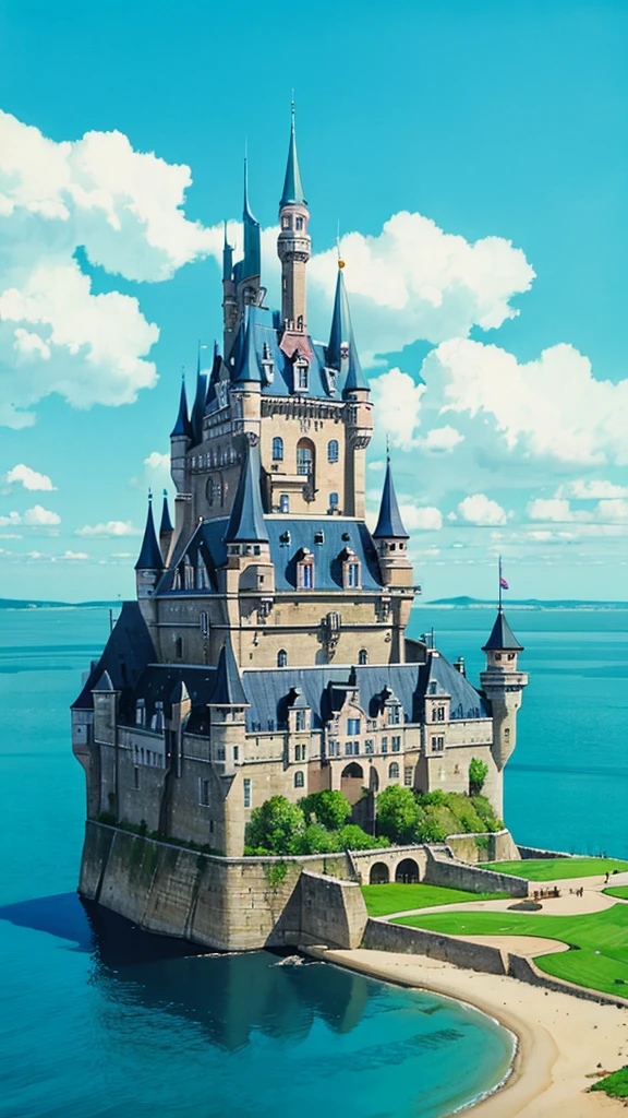 Castle floating in the sky seen from far away, panoramic and deep perspective, colorful and beautiful sky with high contrast, surrealistic painting.