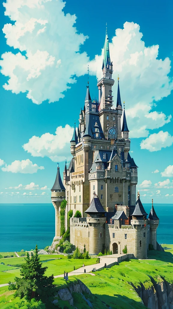 Castle floating in the sky seen from far away, panoramic and deep perspective, colorful and beautiful sky with high contrast, surrealistic painting.