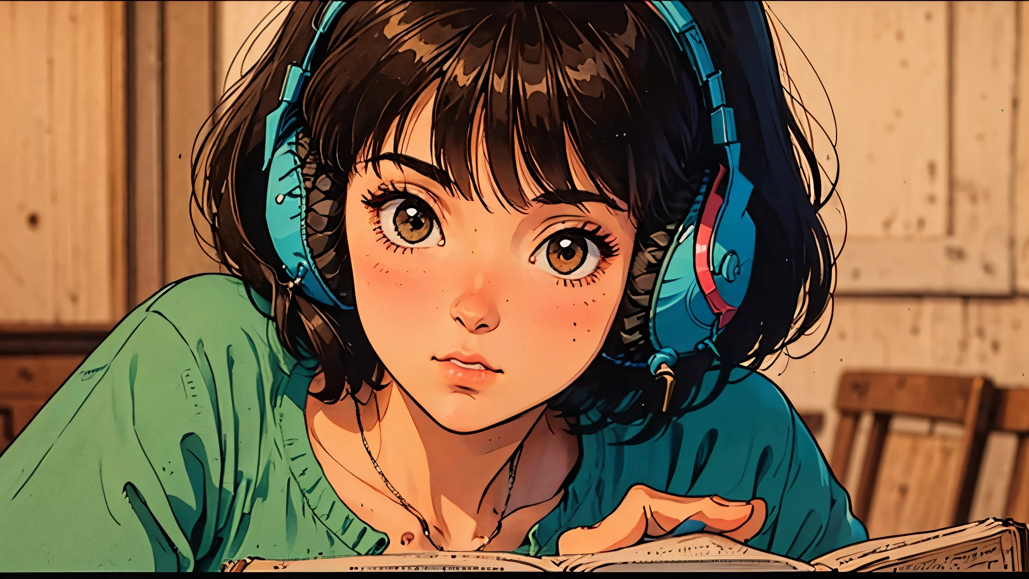 1 Girl, 80s anime style, I have headphones on, Retro, Lo-Fi, cassette tape