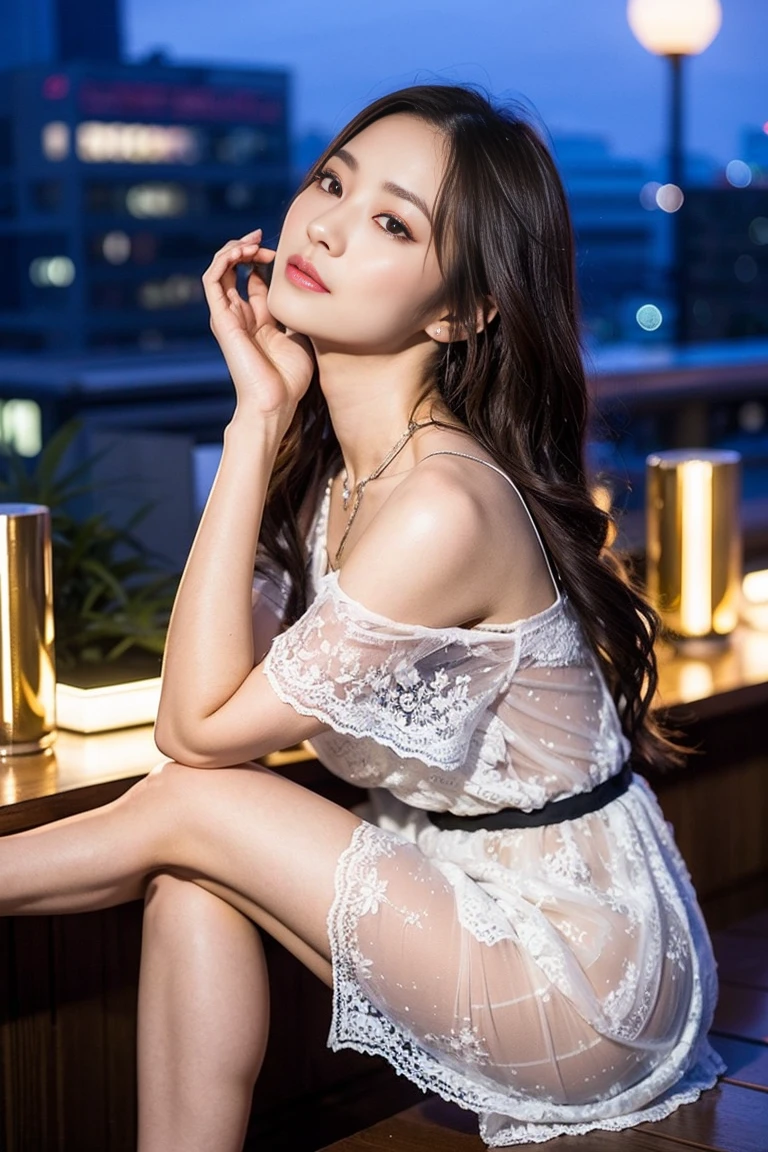 Dark brown hair、Light brown eyes、Japanese actress、 Lady、I am about 40 years old...、(Intricate details:1.2)、(Which is the top???:1.4)、 (Ultra-high resolution:1.2)、Ultra-high resolution、(Finely tuned)、(Detailed facial features)、Hmph、8K resolution、D cup size breasts、Long Hair、Rooftop Bar、Night view、Extravagant space、relax、、,Full body photo、Head to toe shot、Beautiful feet、Camisole dress、Beautiful feet、she, Fashion Hub, Attention to detail, Very detailed, Realistic, Hourglass Shaped Body, Obscene pose,、、私 cry a lot、tears、diagonally from below、please lift your chin、Put your butt against the wall、relaxした表情、Pose of Weakness、(auraroid photo:1.2)、From outside the window、A masterpiece of transparent painting、8K、32k、Highest quality、(Details of both eyes)、1 Girl、elegant、(Loose dress :1.4)、Night view。(Low - Angle、Look up and look at me:1.2)、Hilarious、Looking into the camera、