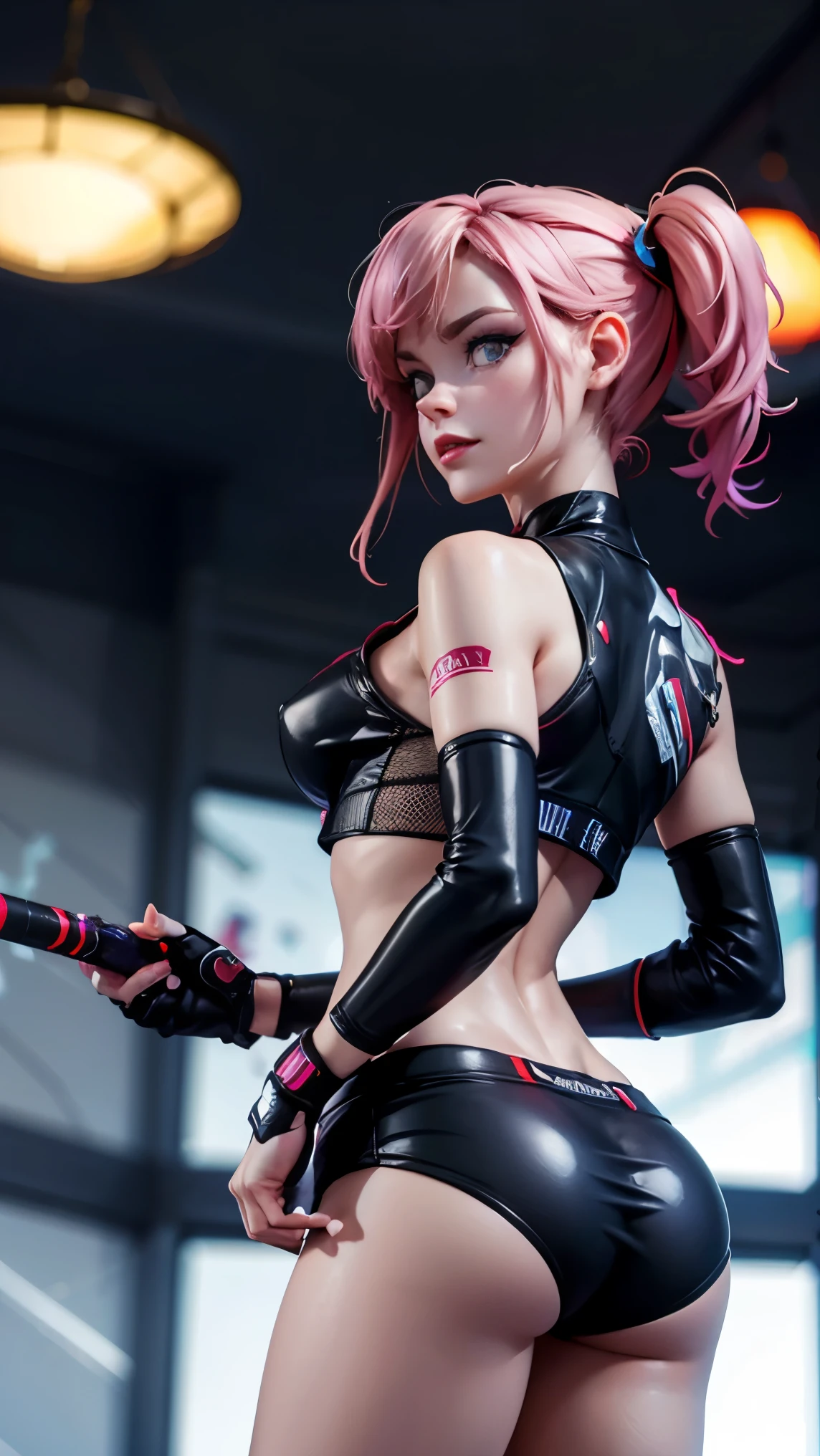 One girl,  cyberpunk 2077, big ass, perfect breast, slim, cute, sexy, very detailed, exquisite lighting and composition, , 8k, sharp, highly detailed, high resolution, looking back