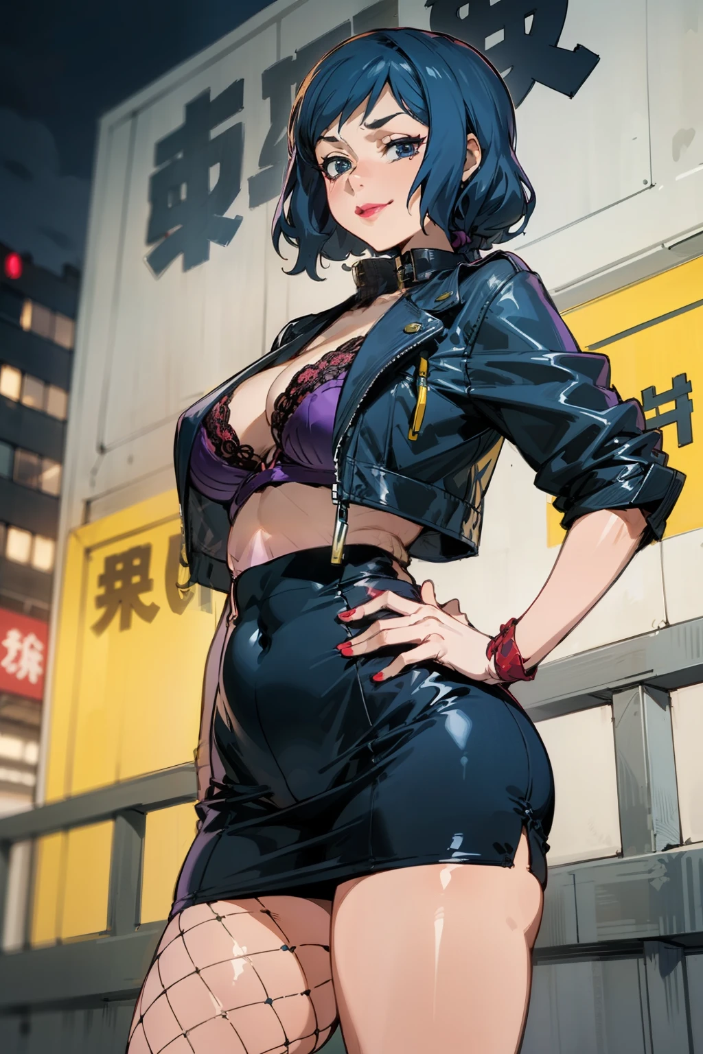 Night time,(Masterpiece), Best Quality, ultra-detailed, 1girl (rinko_iori, Slender and sexy body, huge  breasts, wide hips, dark blue hair, long wave hair, blue eyes,  half-closed eyes), evil face,  smirk ,parted lips, mascara, full makeup, red lipstick, hookerchic, facing viewer, looking at viewer, solo, purple latex jacket,  short jacket, red lace bra,  navel,  purple skirt, tight skirt,  ultra mini skirt, red lace panties, fishnets, outdoor,  street,  neon sign, standing, sexy waist teasing, from_below , 