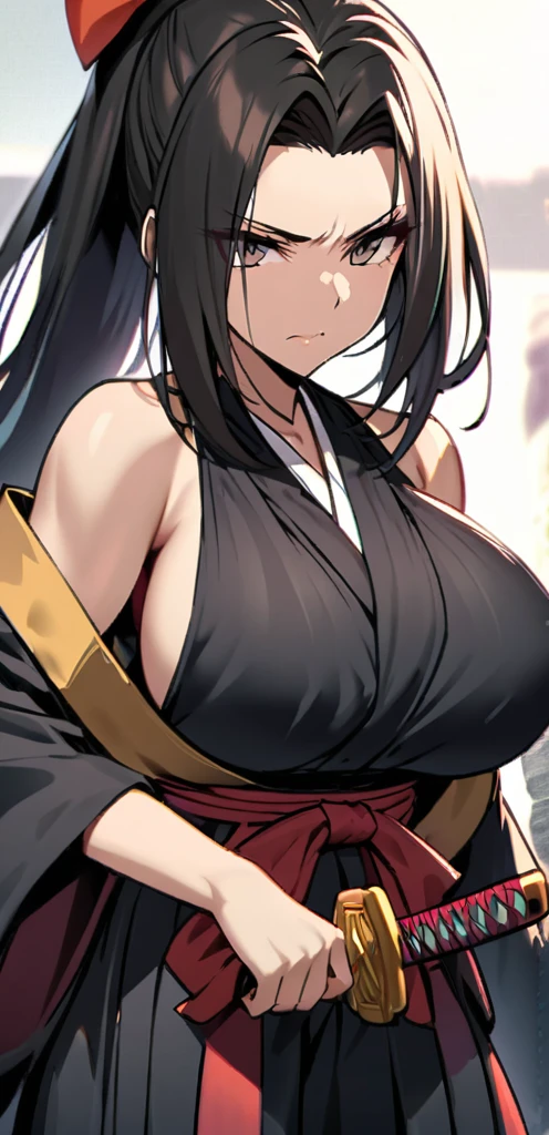 Samurai woman with hyper breasts, she has extremely wide hips, she wears a long dark hakama that covers her body, holding katana, she has a serious look on her face, ready for battle