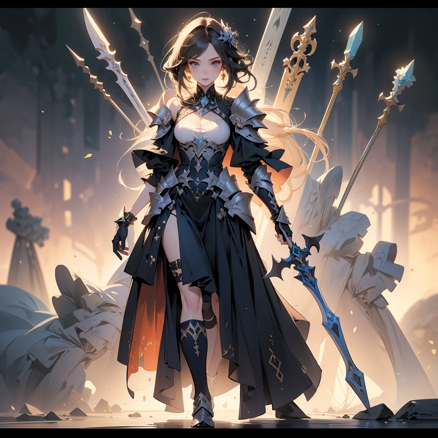 (((masterpiece, highest quality, high detailed, 8k)))Design a layout showcase Gaming character, (1girl). Golden+Purle clothes, stylish and unique, ((showcase weapon:1.4)), magic staff, (masterpiece:1.2), (best quality), 4k, ultra-detailed, (Step by step design, layout art:1.5), (luminous lighting, atmospheric lighting), magican, ((glove full hands)), (((revealing clothes:1.3))), vambraces, armored legwear, (((full_body_shot:1.4)))