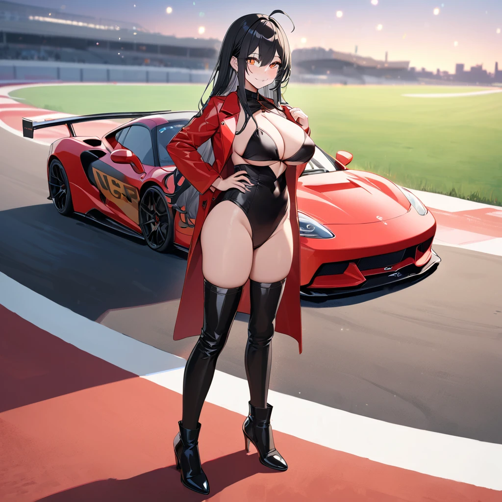 A woman wearing a long red leather coat, open coat, wearing a black bikini, eye red, black leather boots, race queen, sunglasses, black hair, long hair, ahoge, smiling, big breasts, standing on a running track, wide view of a lawn, concrete track, a black racing car in the background, red car, perfectly, smiling car, night place with lighting, UHD , prime work , accurate , anatomically correct , textured skin , super details , high quality , best quality, 8k, high resolution, bokeh effect. (woman alone),