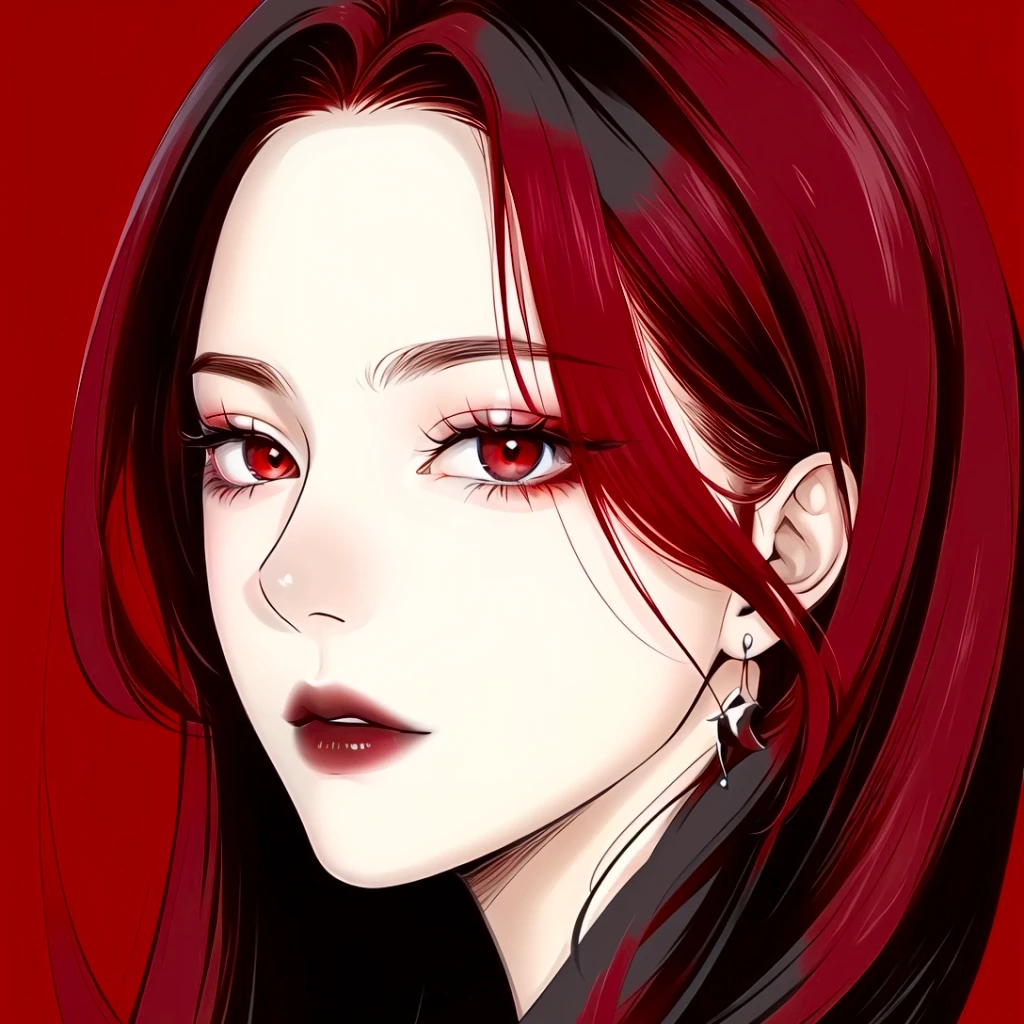 Anime girl with red hair and red eyes on a red background, Portrait of BLACKPINK&#39;s Jisoo, Digital anime illustration, In the art style of Bouwater, Bright red hair and red eyes, Beautiful digital illustrations, Beautiful artwork illustration, [ 4k digital art ]!!, Blackpink&#39;s Joshi portrait, Stunning Anime Face Portraits, Exquisite digital illustrations, Anime-style illustrations
